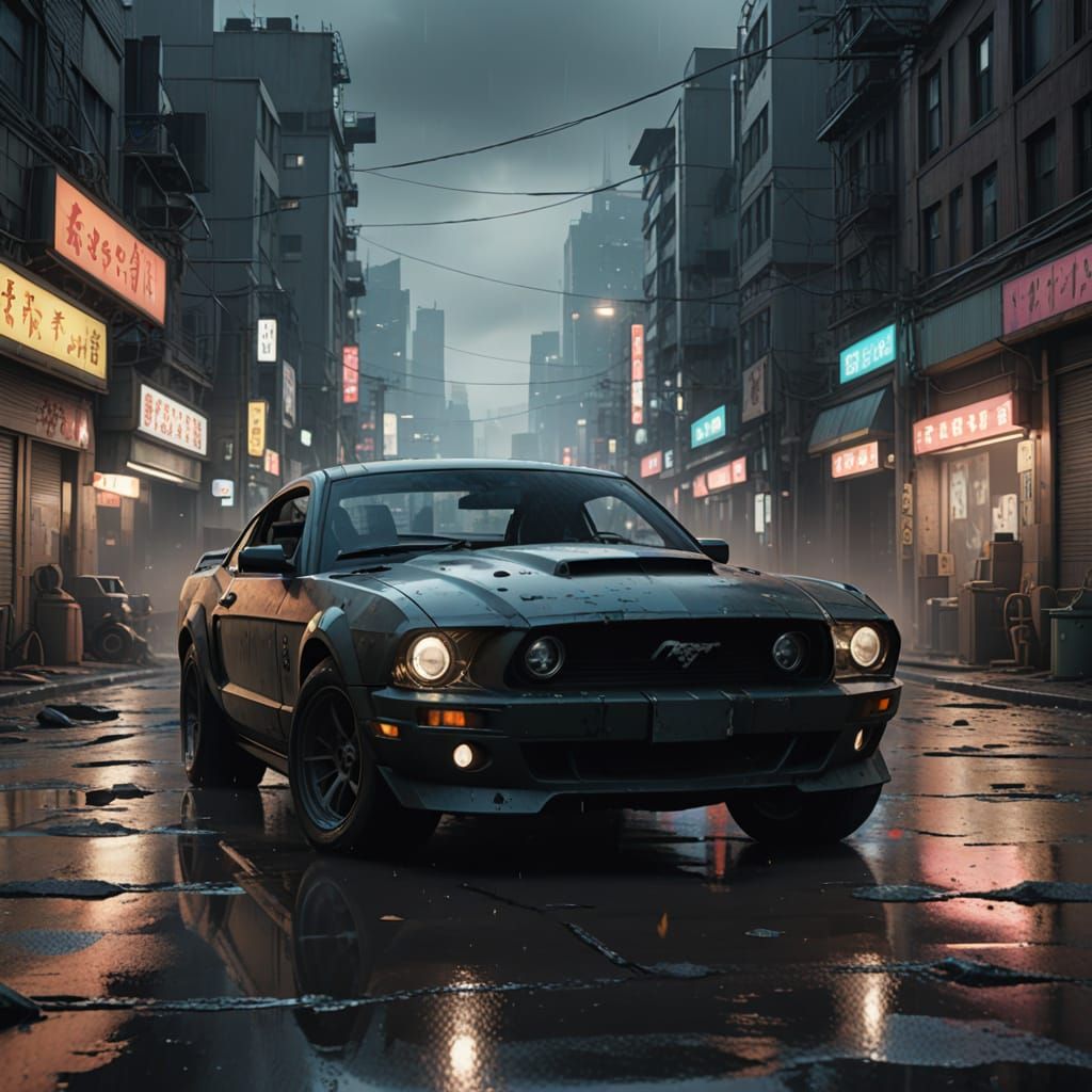 Abandoned Ford Mustang in a Cyberpunk Dystopia