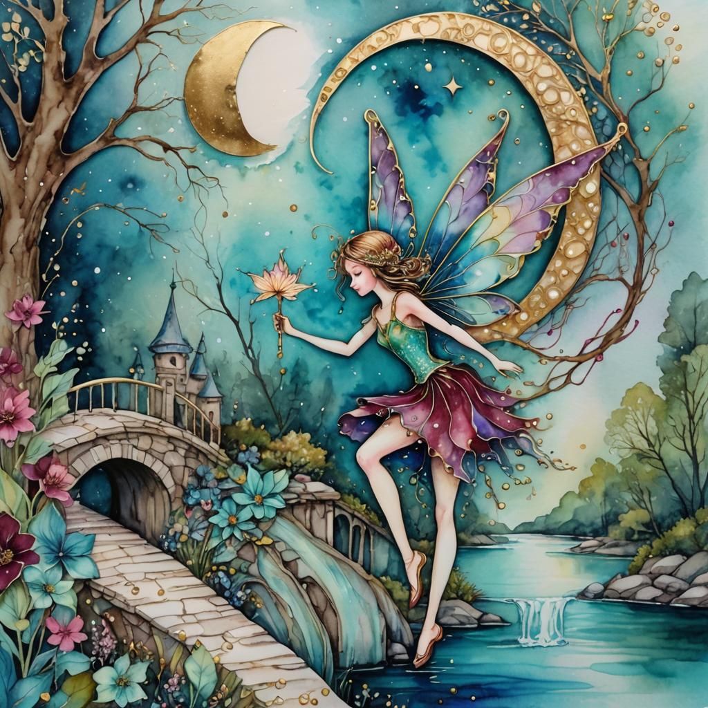 Watercolor Fairy with Steampunk Moonlit Bridge