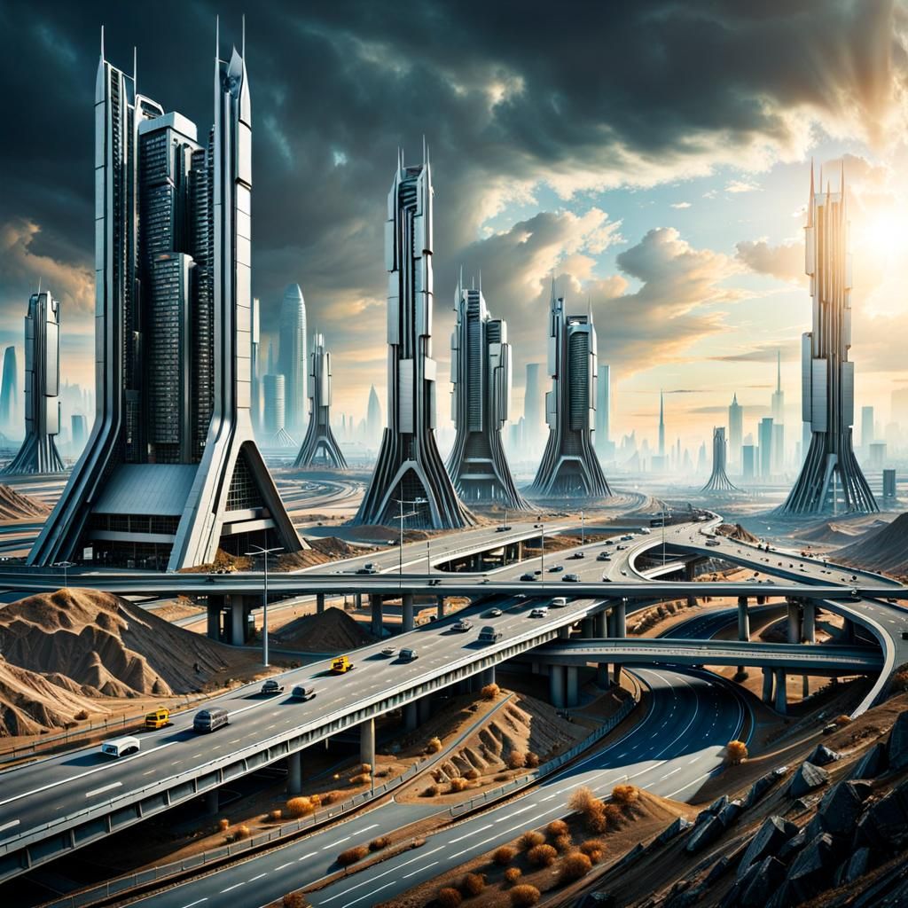 Dystopian Wasteland: Futuristic Highway and Cityscape