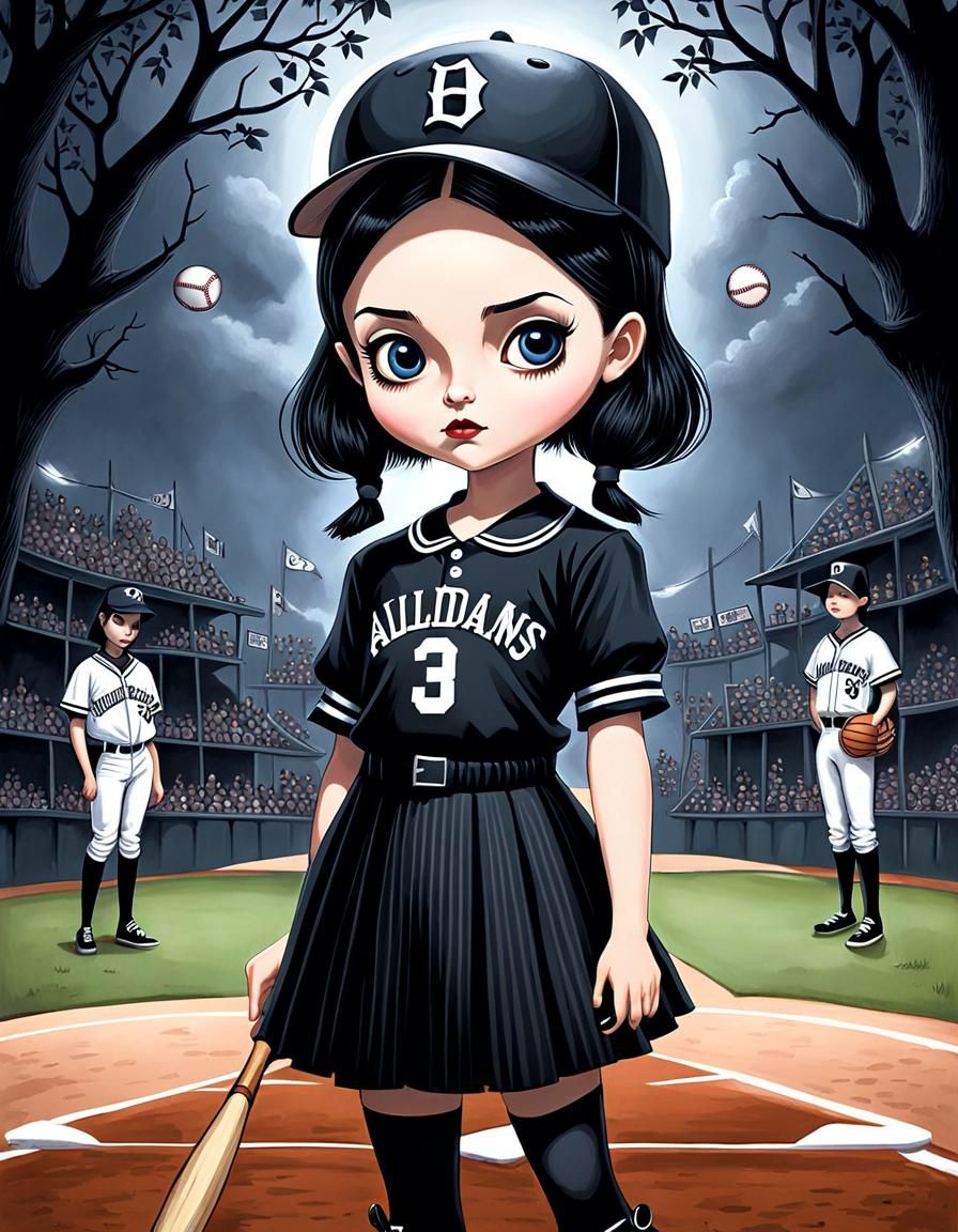 Wednesday Addams as Baseball Player: Gothic Illustration