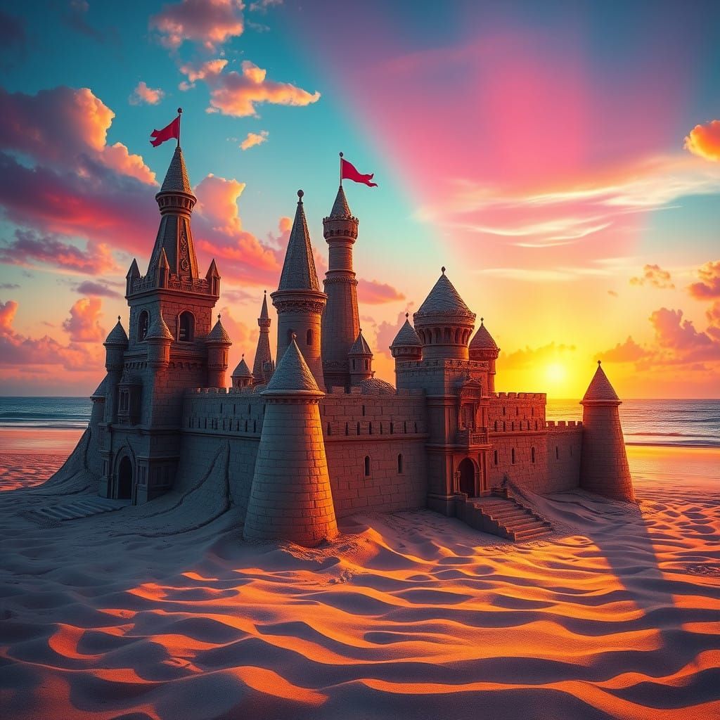 Surreal Tropical Beach Castle in Radiant Sunset Colors