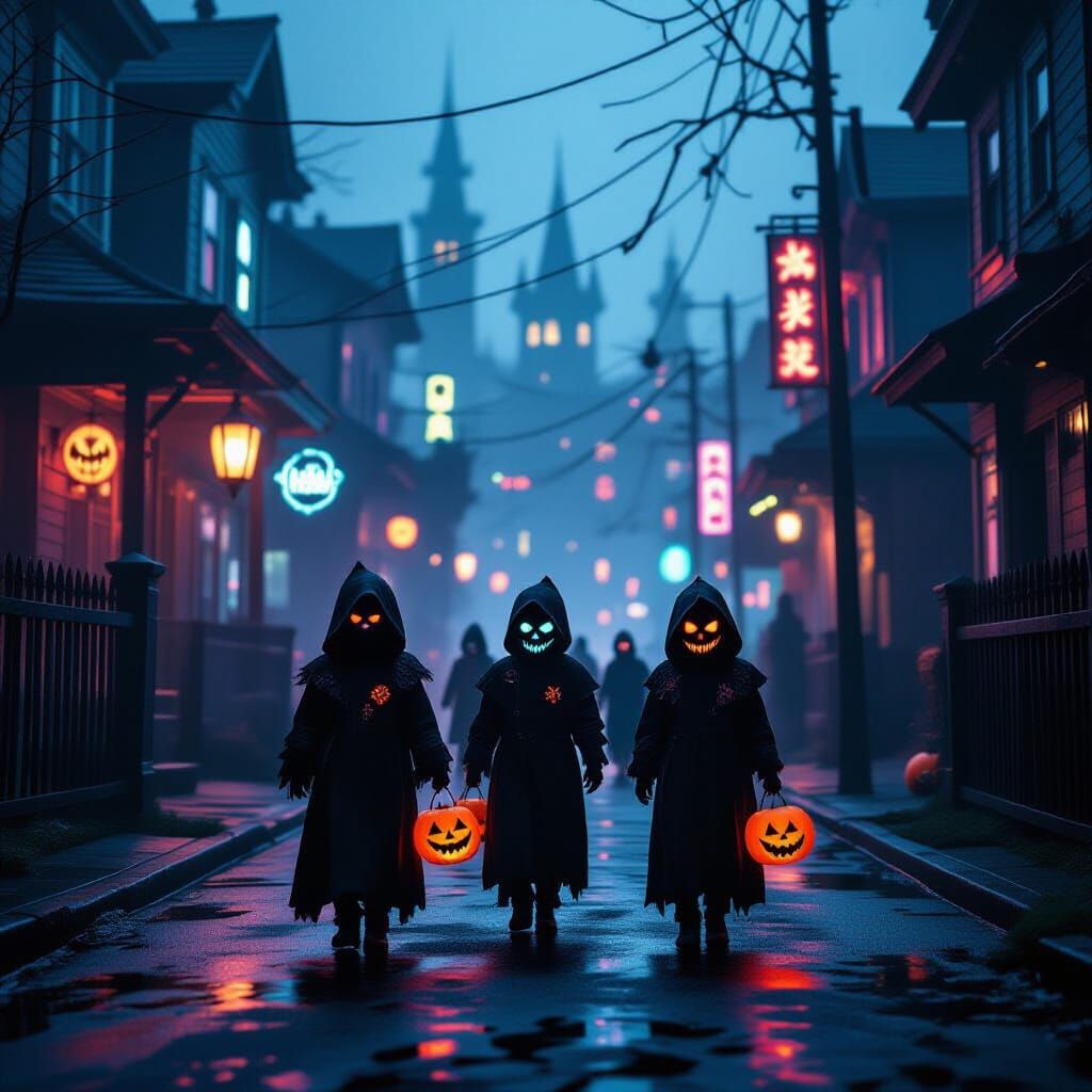 Cyberpunk Halloween Trick-or-Treat Scene