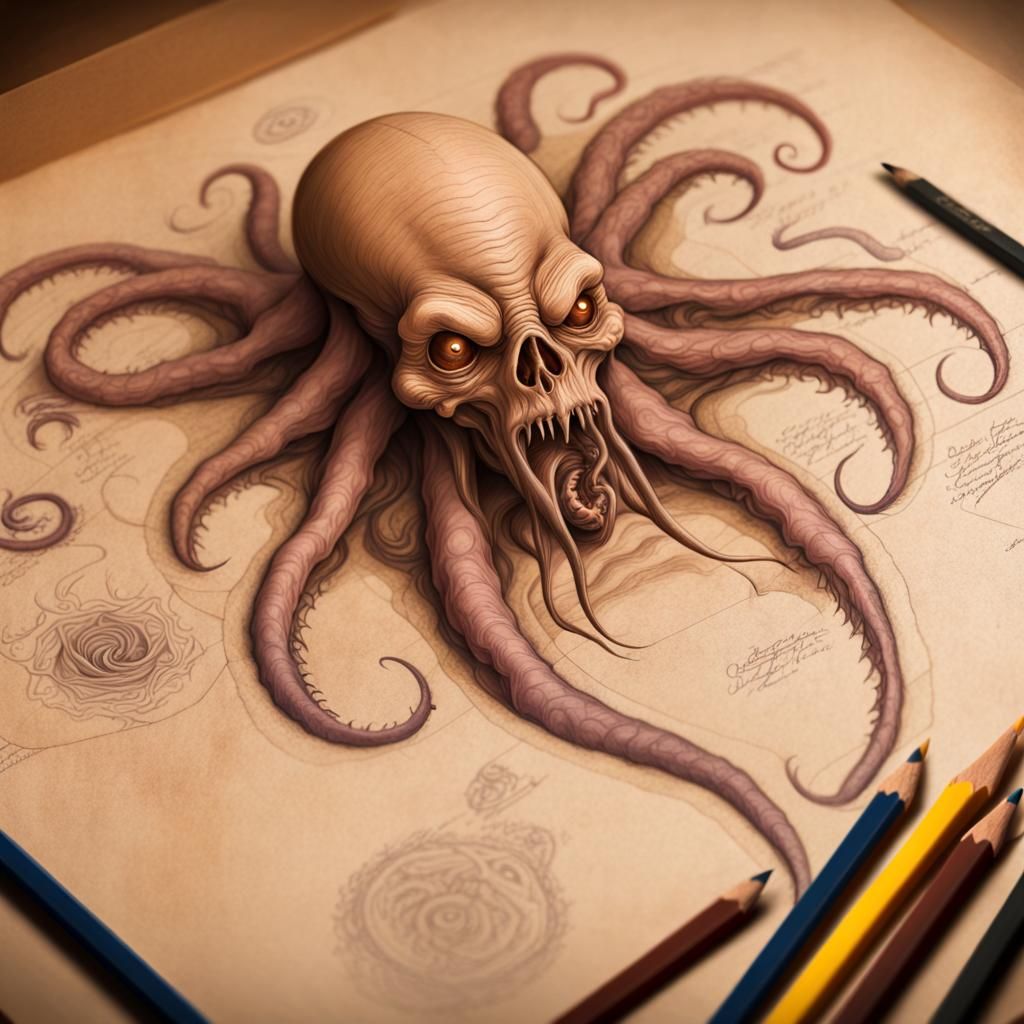 3 dimensional Leonardo drawing of an eldritch horror monster on brown parchment paper