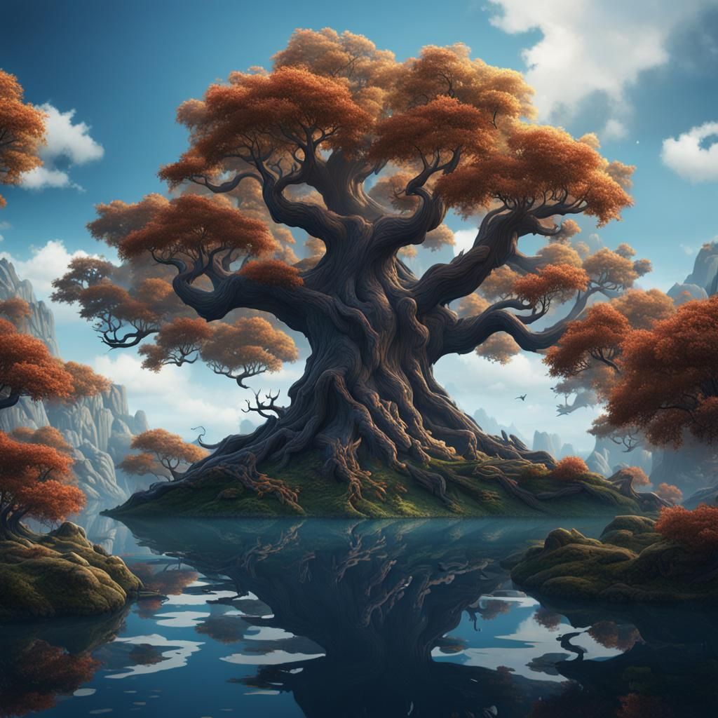 Fantastical Tree Above Water in Detailed Matte Painting