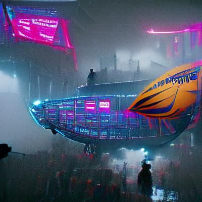 Cyberpunk Airship Over Neon Cityscape