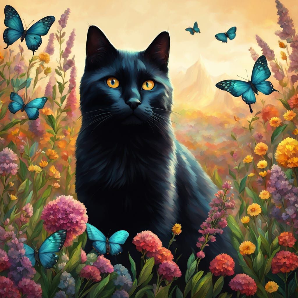 Black Cat Lounging in Wildflowers: Impressionist Painting