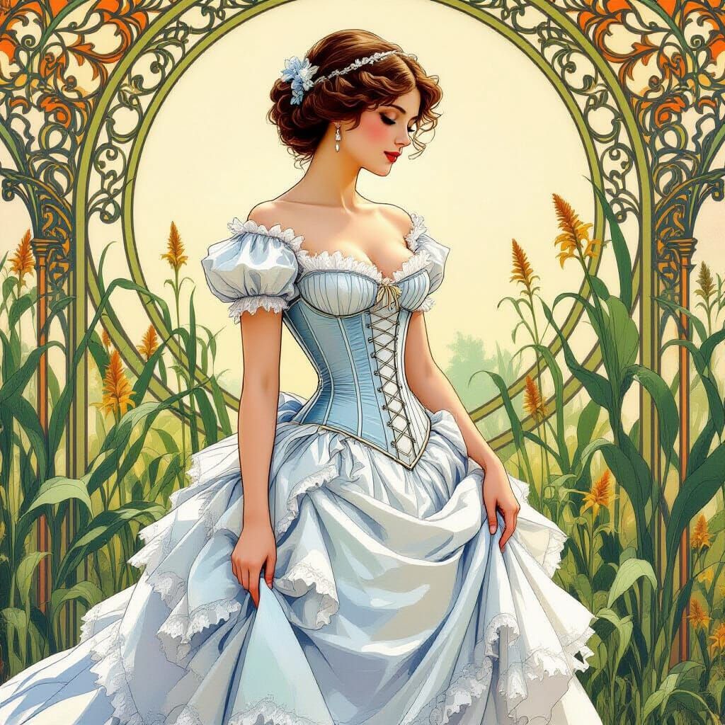 Woman in Cornflower Wedding Dress, Art Nouveau Style