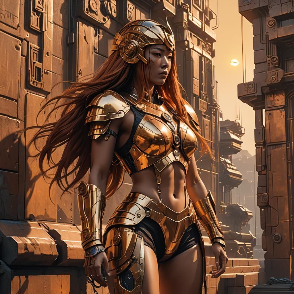 Cyberpunk Woman in Golden Bikini at Sunset