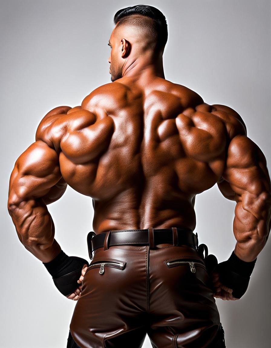 Hypermuscular Security Guard in Brown Leather Uniform