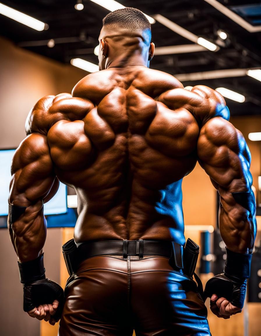 Hypermuscular Security Guard in Leather Uniform