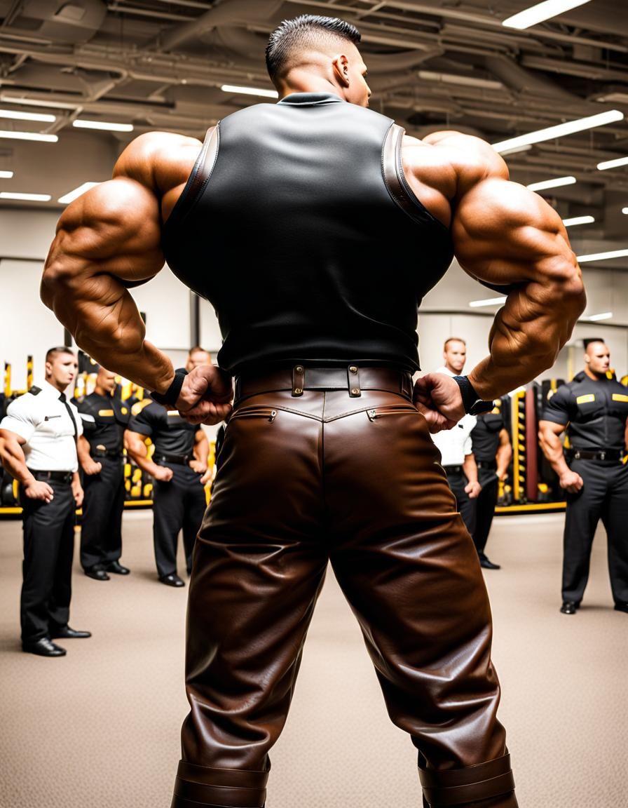 Hypermuscular Security Guard in Brown Leather Uniform