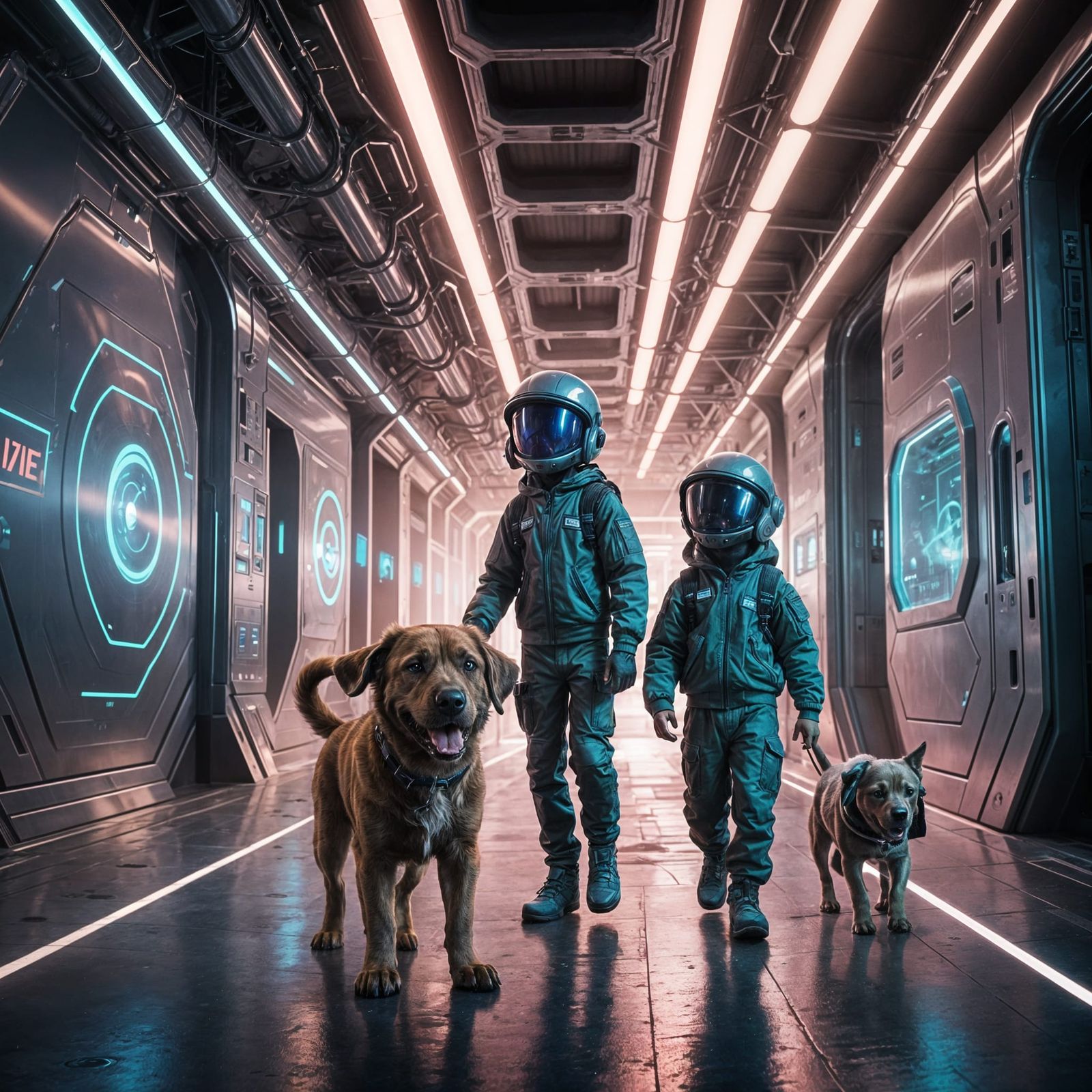 Alien Children Meet Dog in High-Tech Corridor
