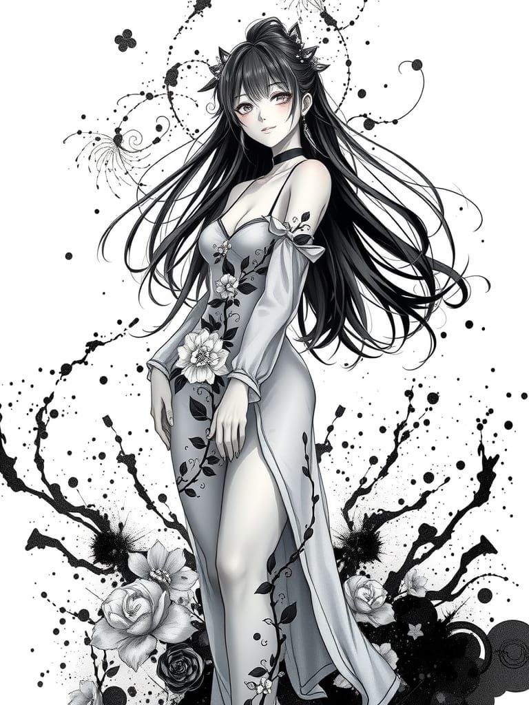 Seductive Anime Goddess in Eerie Monochrome Ink Splatter