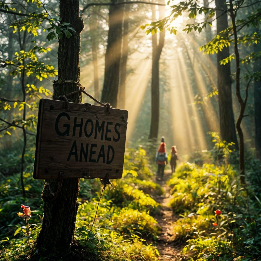 Gnomes in Enchanted Forest, Handwritten Sign, Cinematic Film...