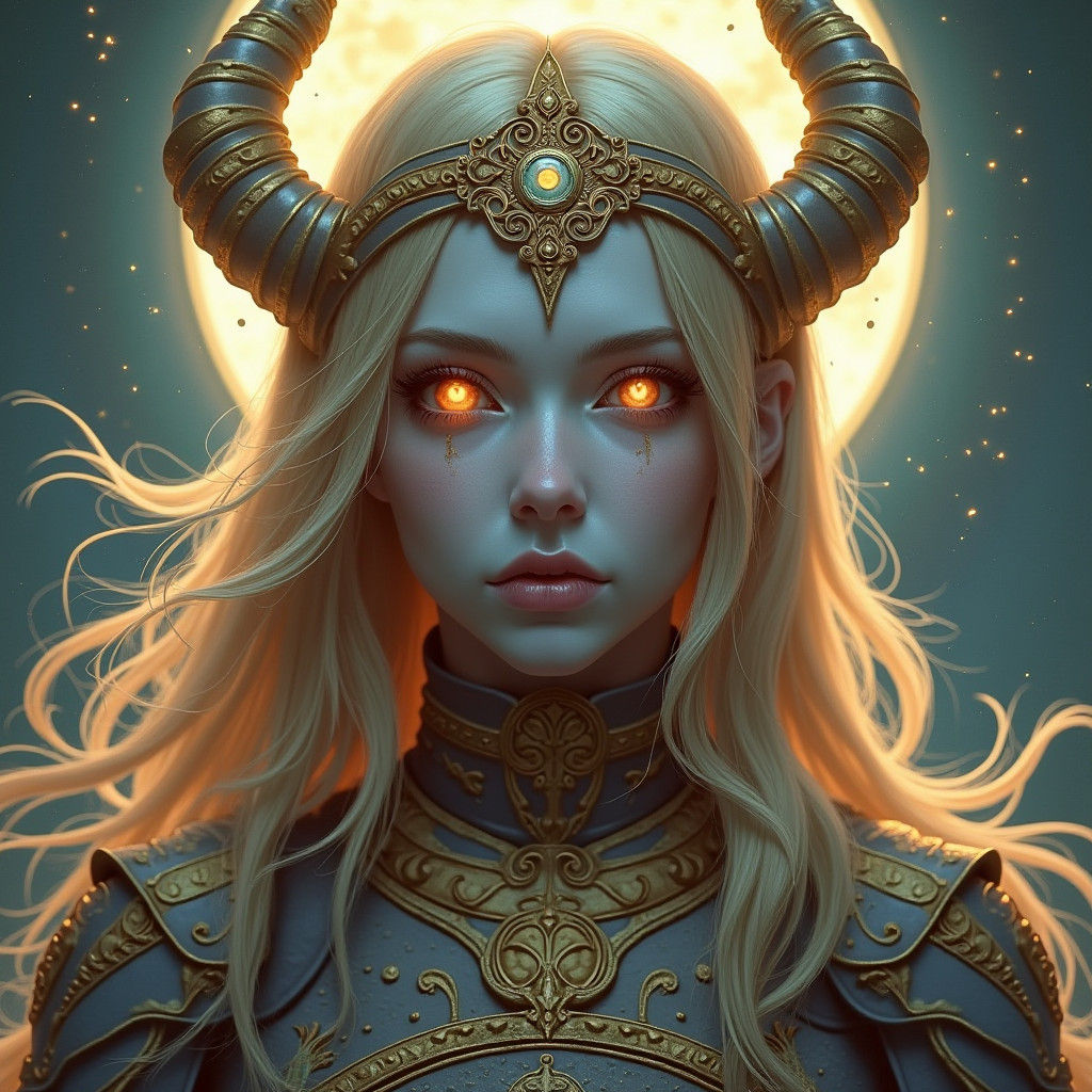 Celestial Warrior with Golden Hair and Radiant Eyes in Sun-K...