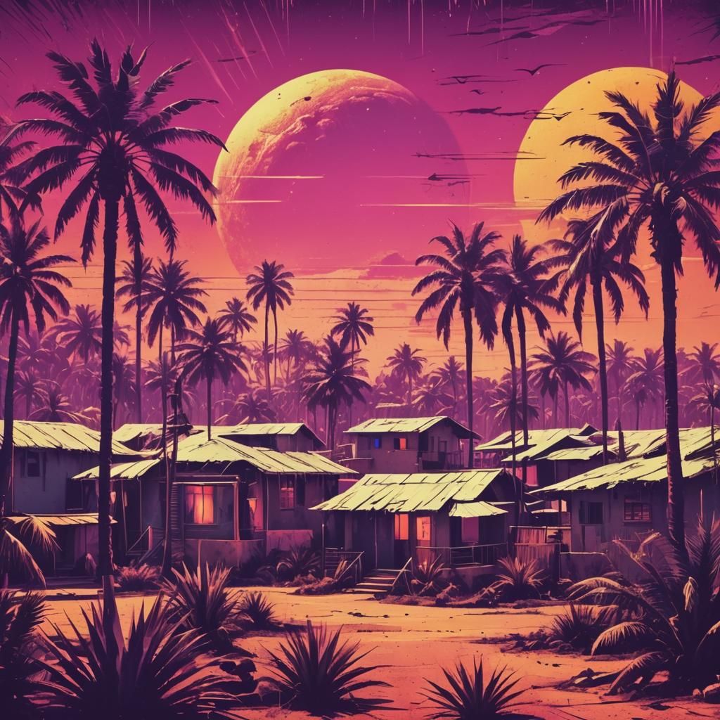 Futuristic African Village in Synthwave Neon Style