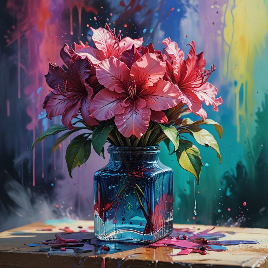 Vibrant Azaleas in a Glass Vase: Hyperrealistic Floral Maste...