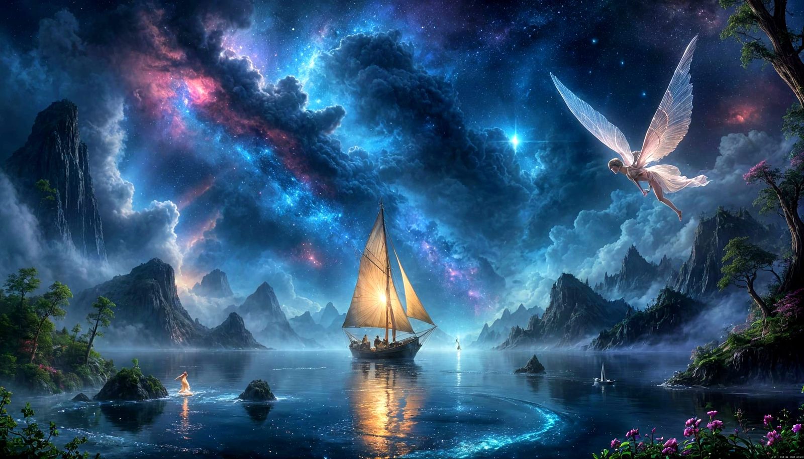 Ethereal Fairy Guides Sailboat Through Nebula in Fantasy Art