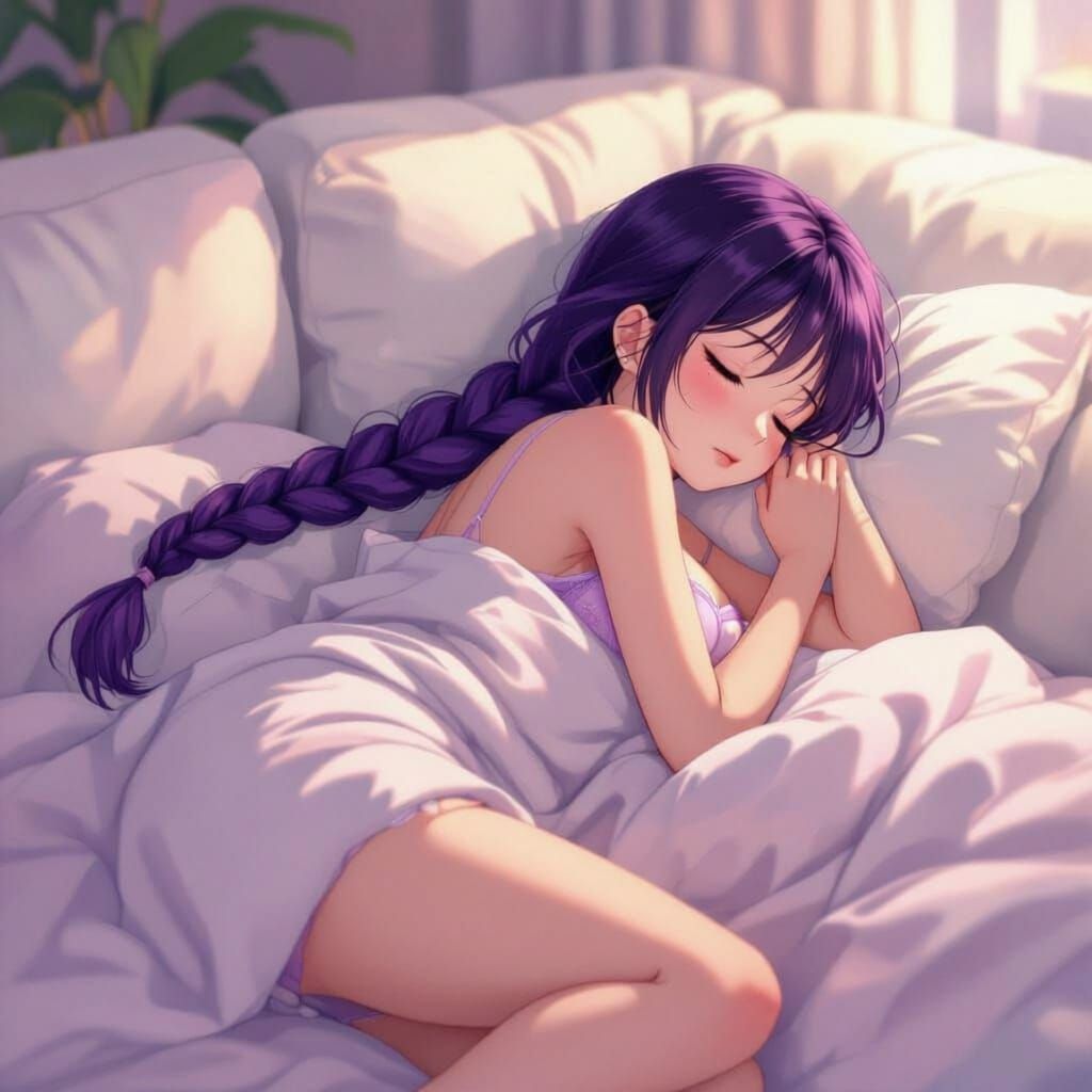 Anime Woman Sleeping Restlessly on Couch