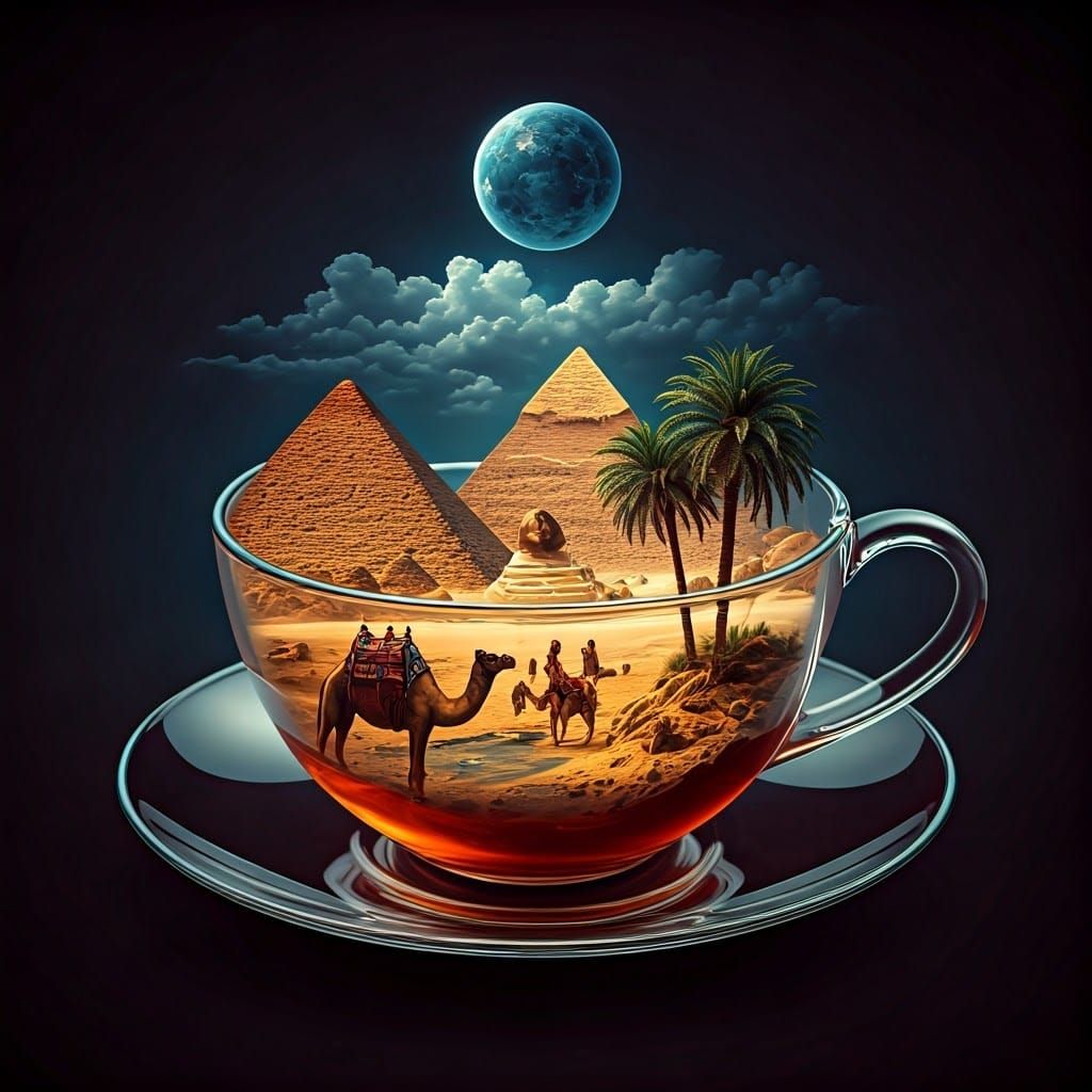 Egyptian World in Crystal Teacup: Detailed 4D Illustration