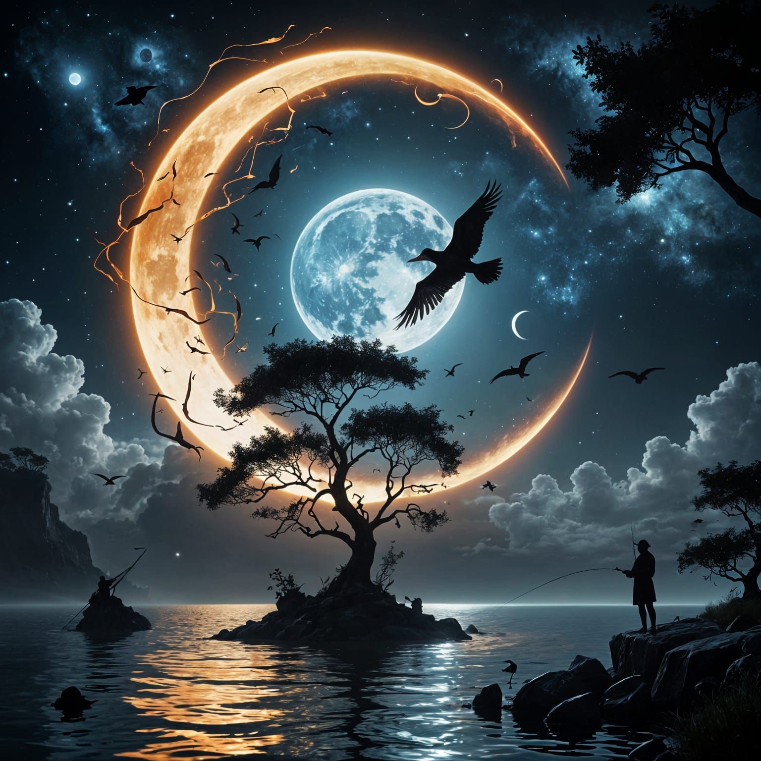 Surreal Moonlit Landscape with Fisherman and Cormorant