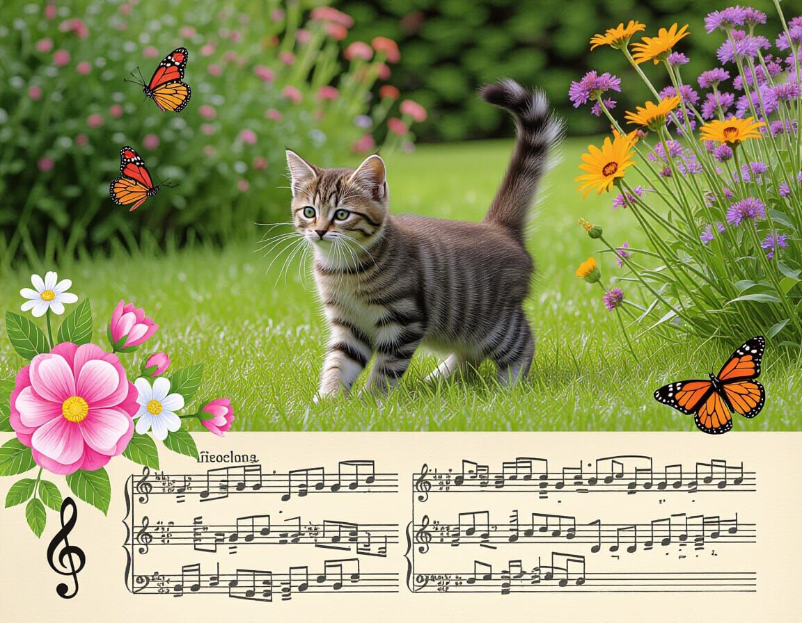 Kitten Garden Double Exposure in Watercolor Style