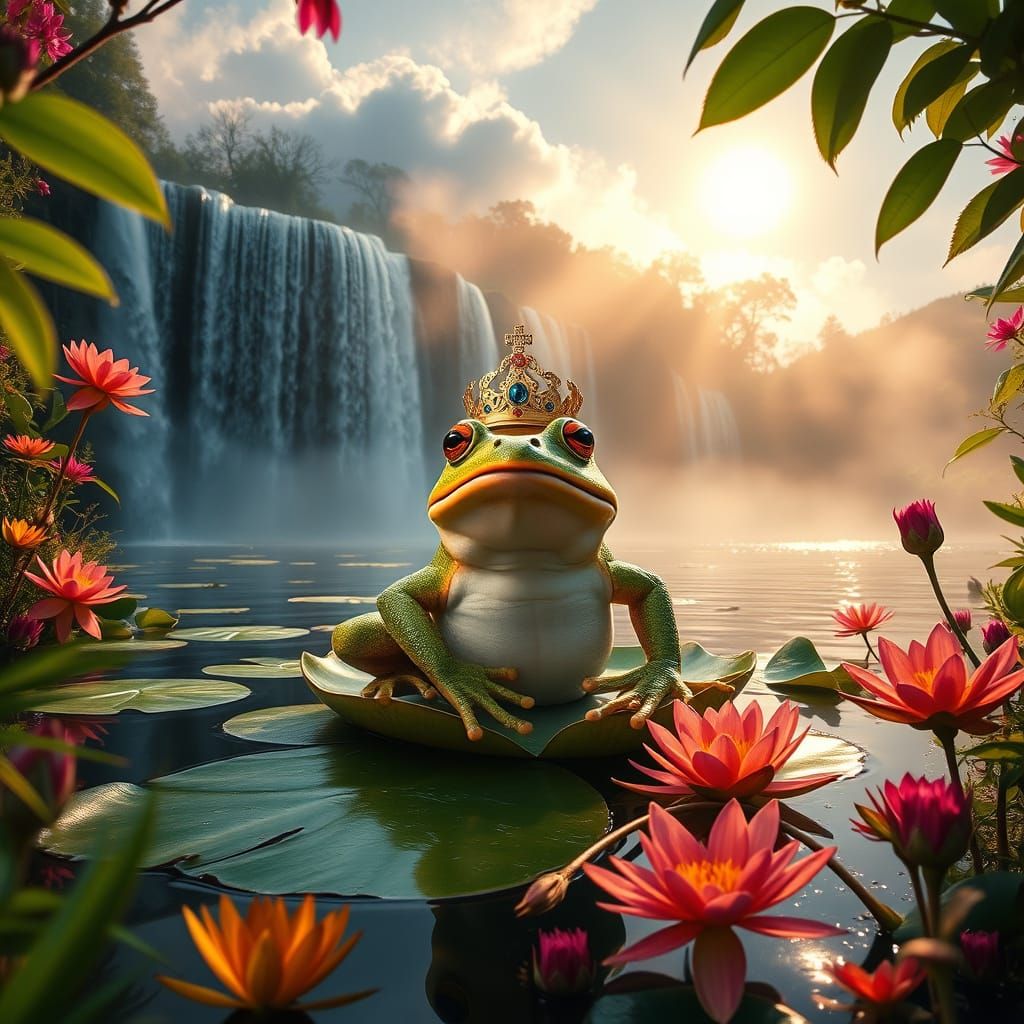 Majestic Crowned Frog King in Serene Pond