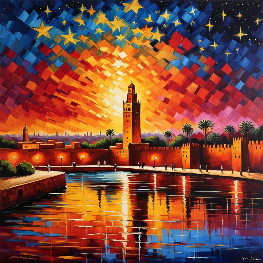 Koutoubia Tower in Starry Sky: Acrylic and Oil Painting