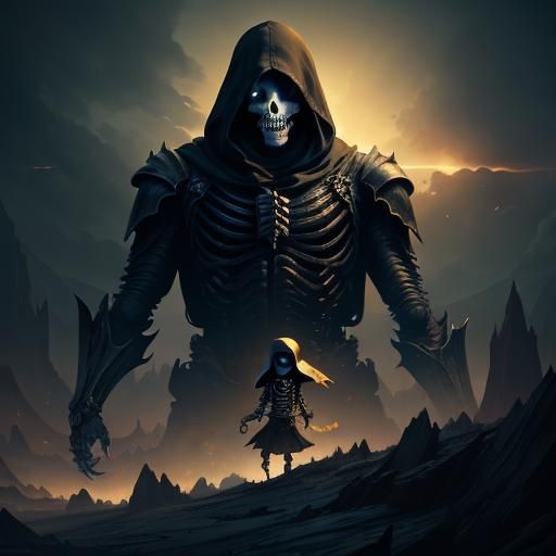 Hooded Skeleton Rescues Girl: Dark Fantasy Art