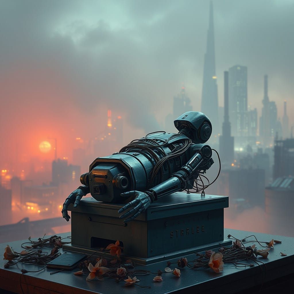 Futuristic Robot Funeral in a Misty, Industrial Twilight