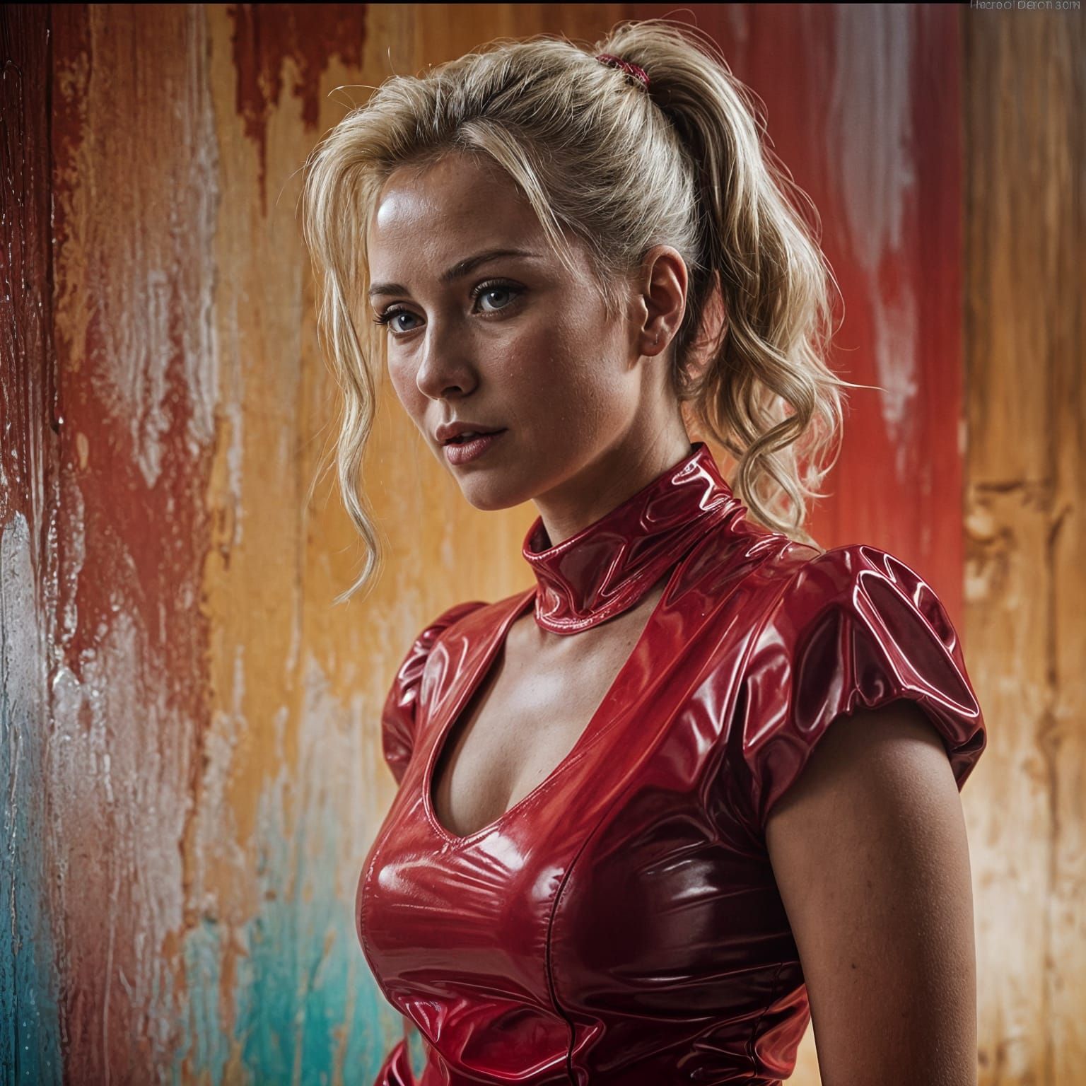 Blonde Woman in Red PVC Dress with Ponytail
