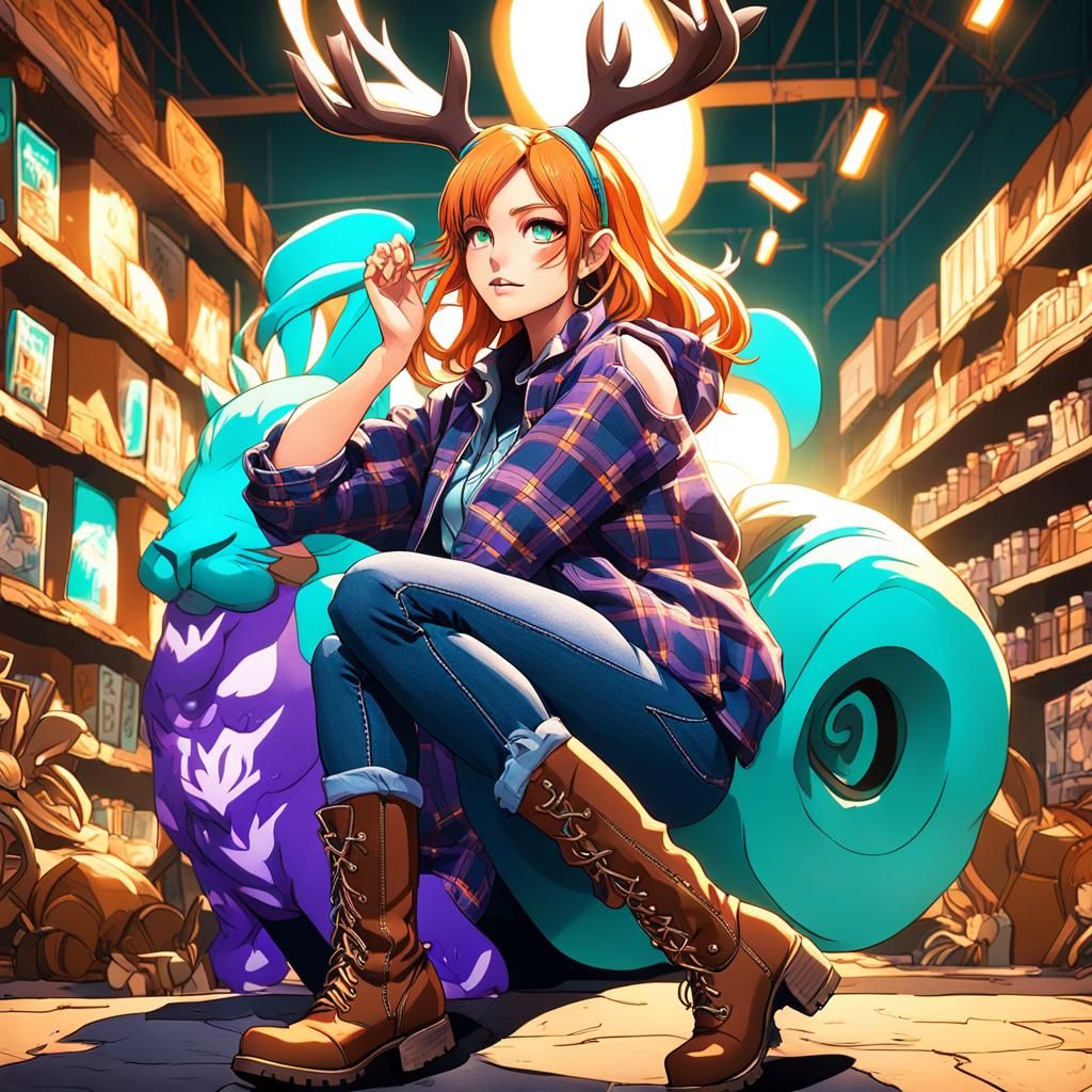 Vibrant 3D Anime Jackalope Girl with Flannel