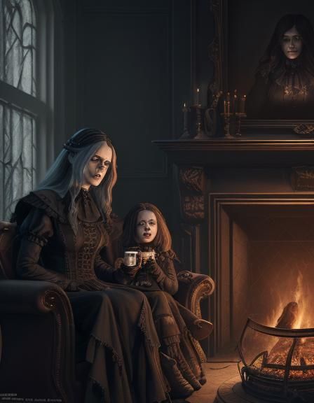 Gothic Family Enjoying Hot Chocolate by Fireplace