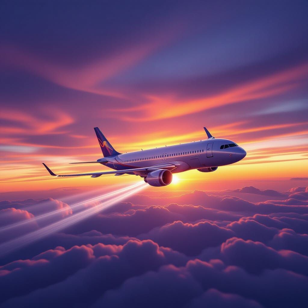 Sleek Passenger Jet Soars Through Vibrant Sunset Sky