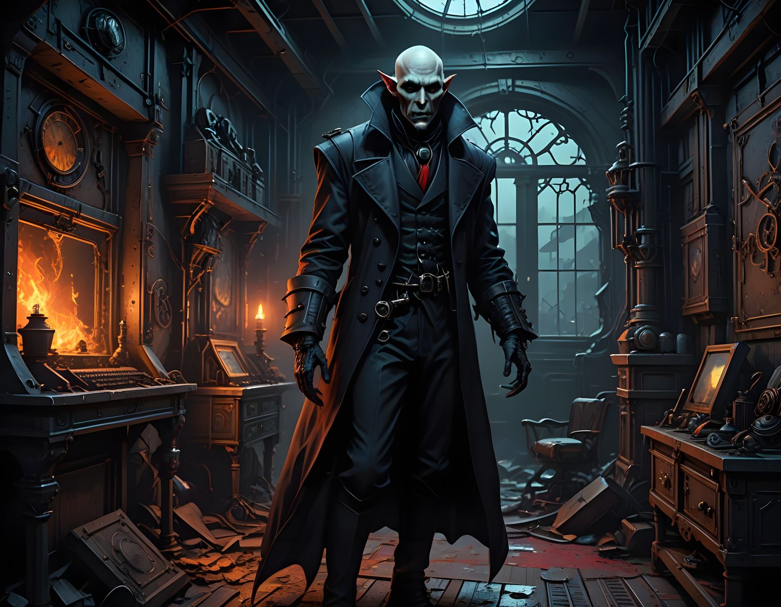 Ethereal Vampire Lord Amidst Gothic Steampunk Ruins