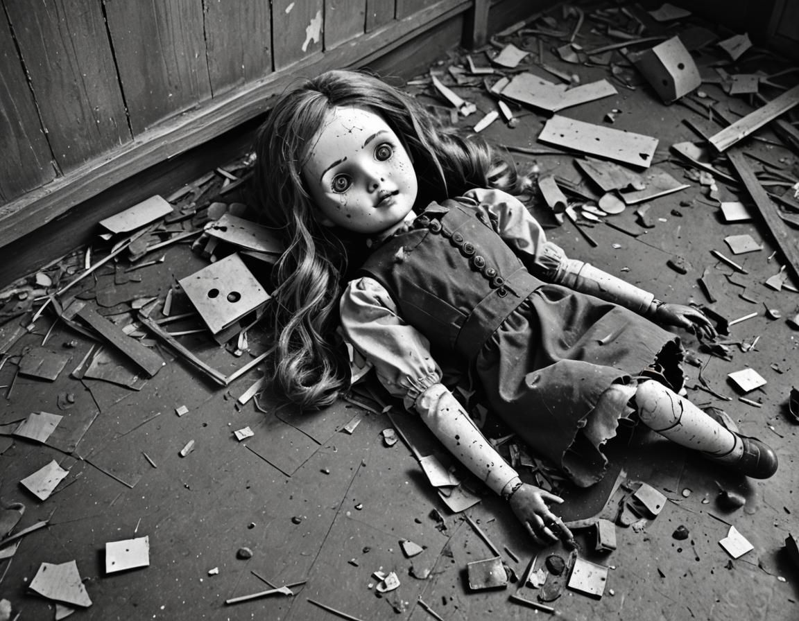 Monochrome Broken Doll in Wrecked House