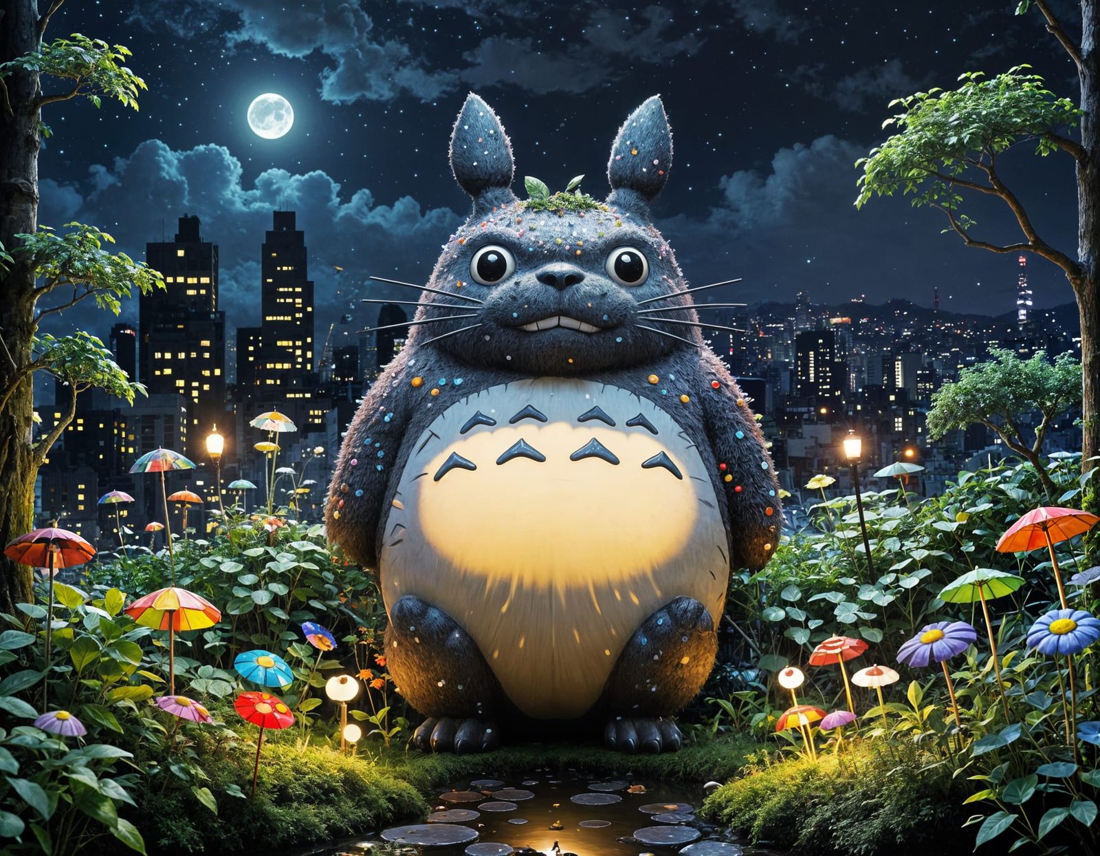 Whimsical Nighttime Scene with Totoro in Vibrant Superflat S...