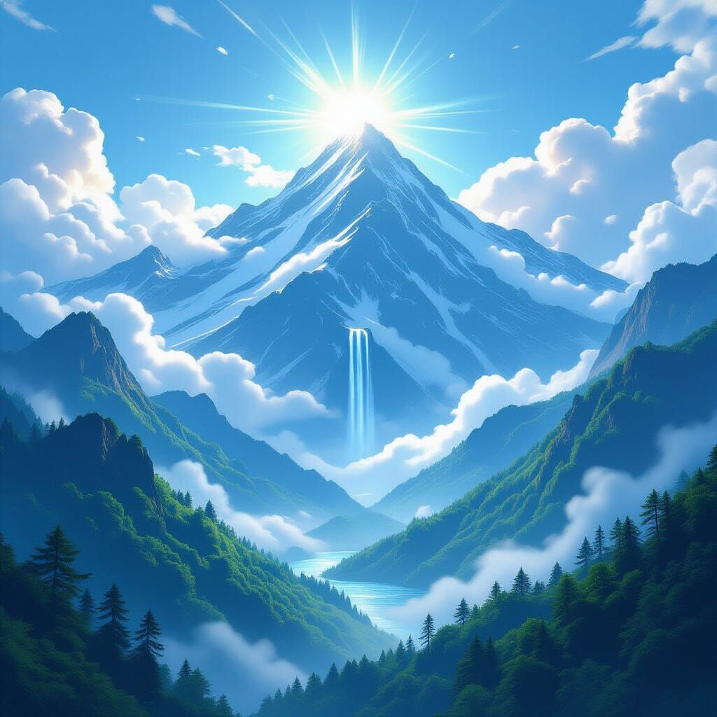 Lush Mountain with Blue Waterfalls in Radiant Light
