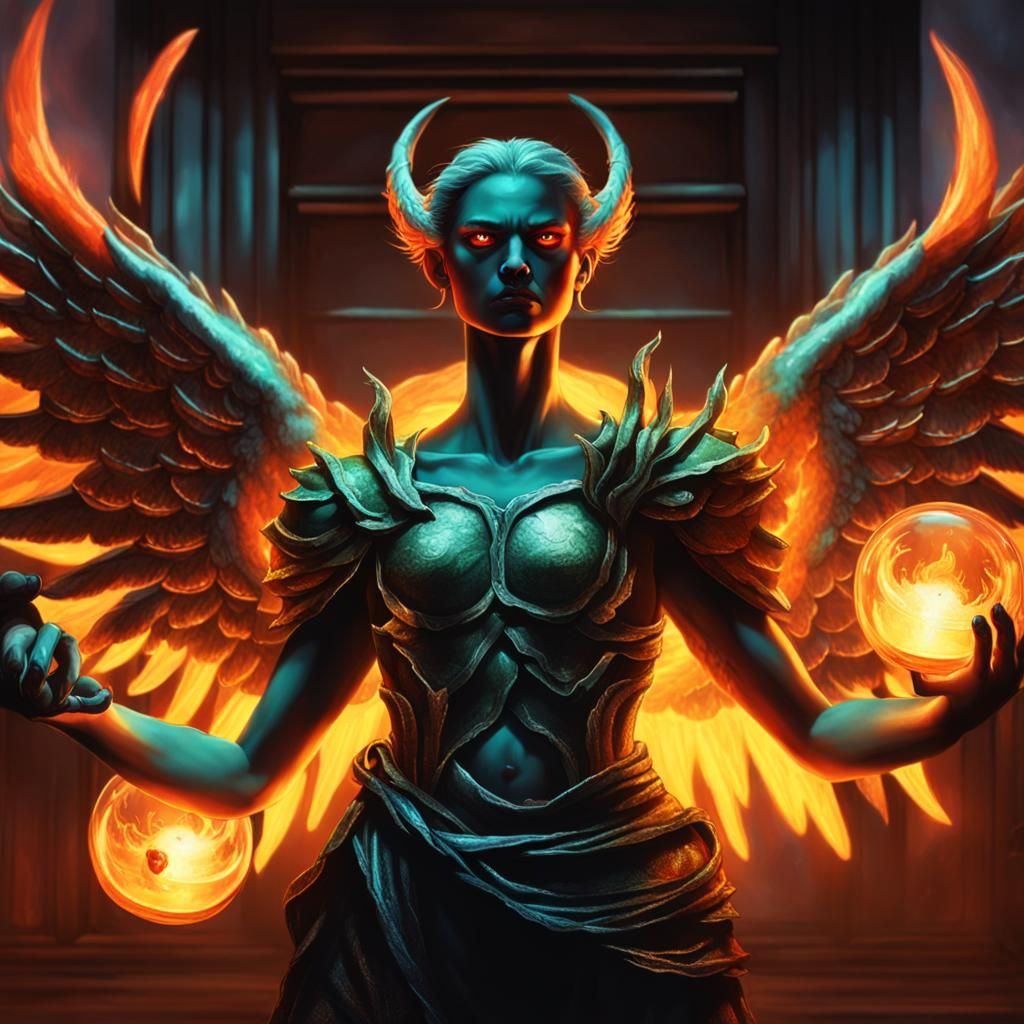 Neon Angel Battling Demons in Dark Fantasy Art