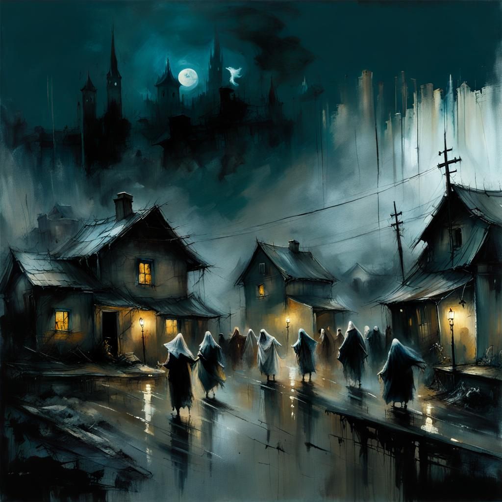 Haunted Village with Dancing Ghosts in Matte Painting