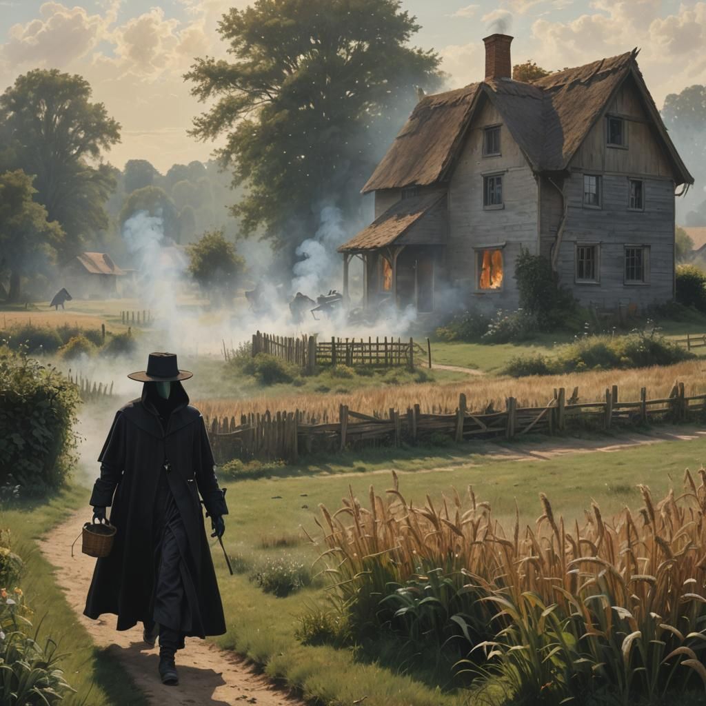Plague Doctor Walks to Cottage in Sunlight