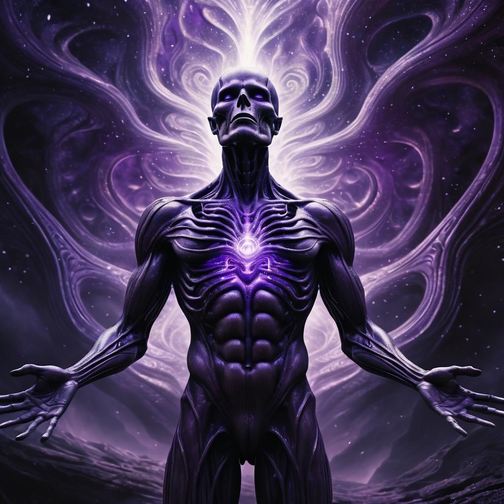 Mystical Figure Radiating Purple Energy in Cosmic Landscape