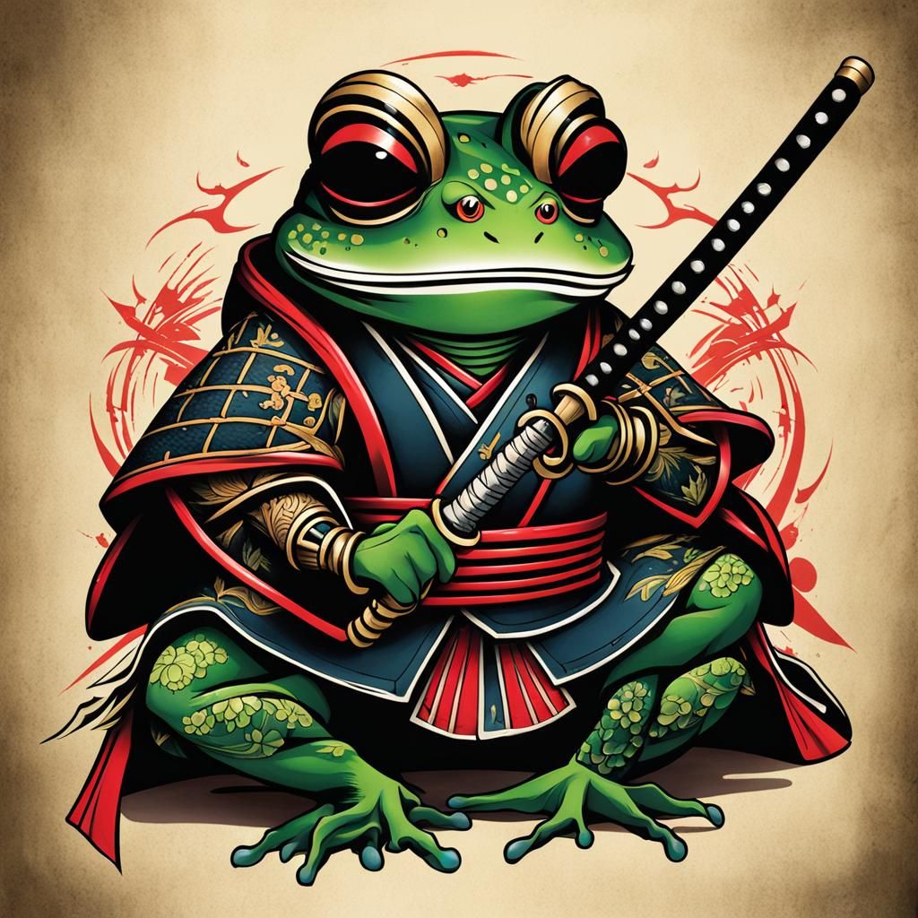 Samurai Frog in Neotraditional Tattoo Style