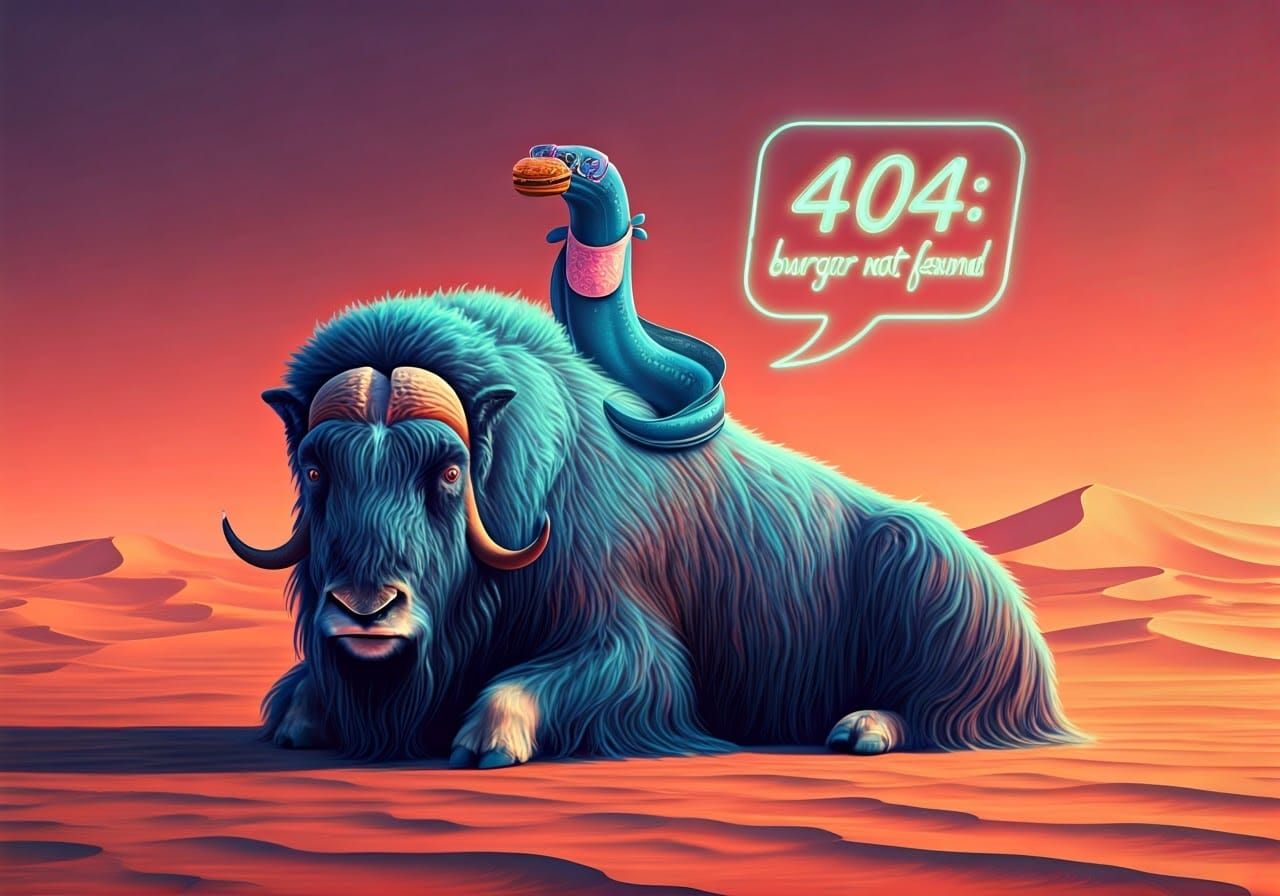 Majestic Muskox Surrounded by Surreal Desert Dunes and a Tre...