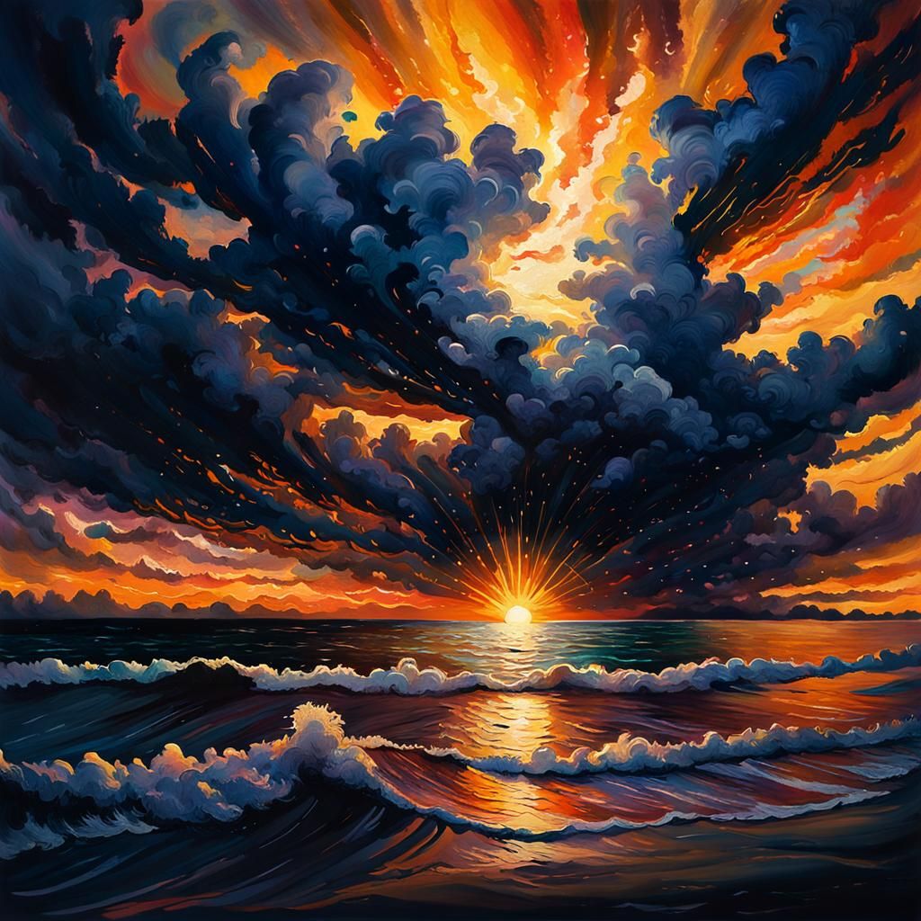 Iridescent Sunset Over Ocean: Gouache Painting