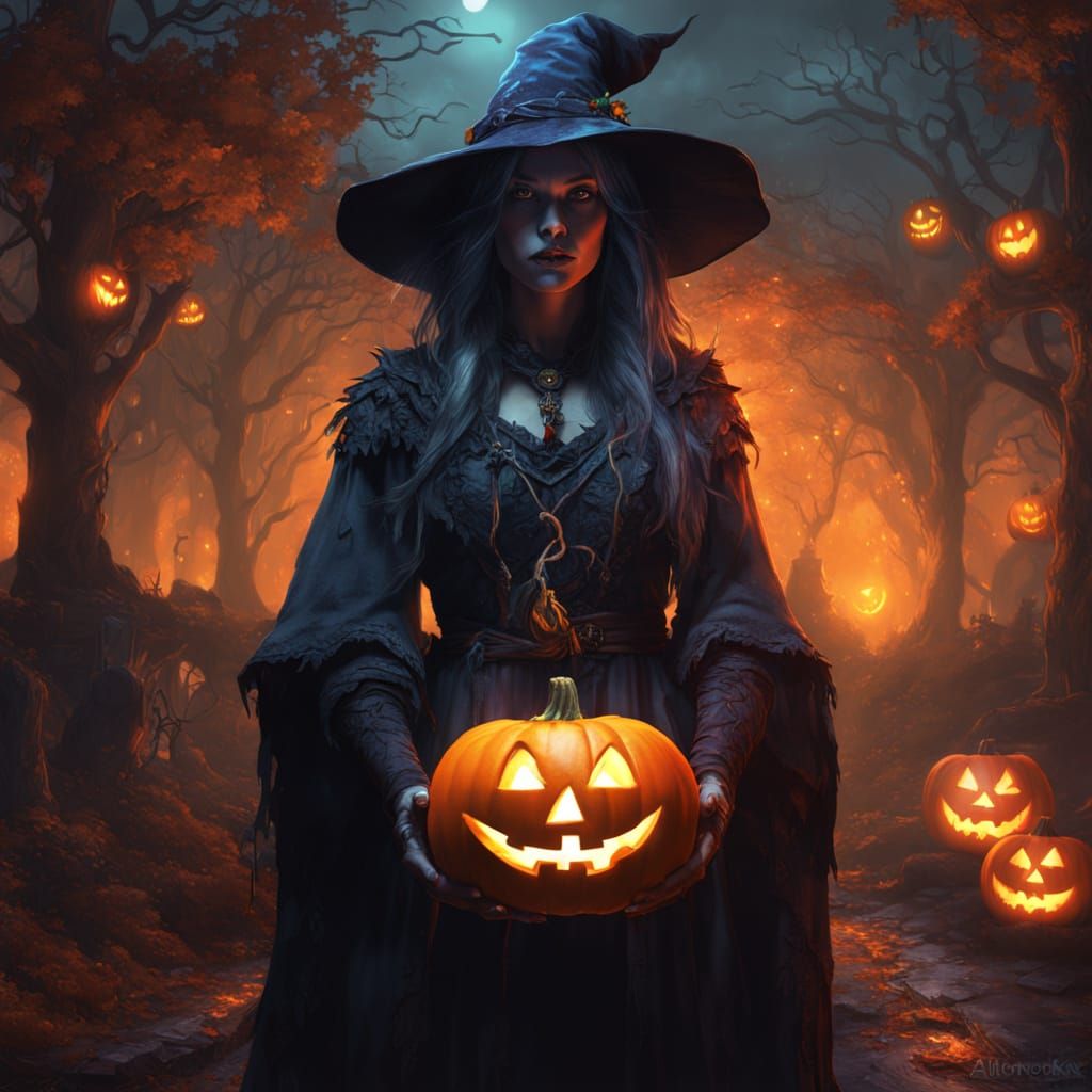 Dark Fantasy Witch Holding Jack-o'-Lantern