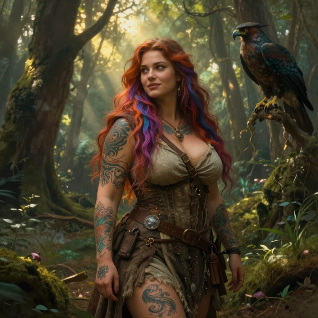 Druidic Ranger in Sun-Dappled Ancient Forest