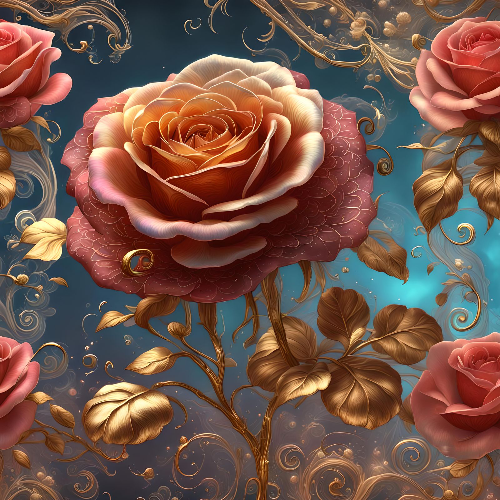 Opalescent Rose with Gold Threads in Detailed Matte Style