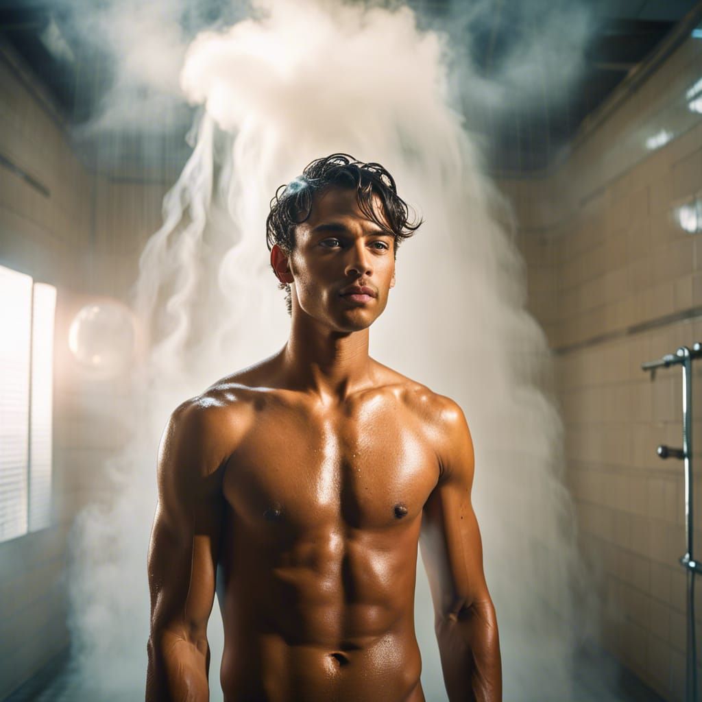 Ethereal Steam: Hyperrealistic Man in Shower