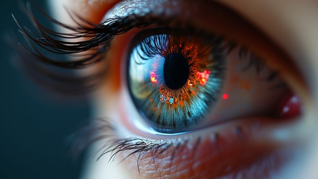 Deep Brown Eye Reflects Swirling Digital Landscapes